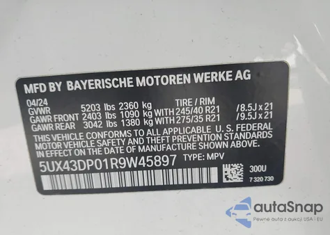 2024 BMW X3 Sdrive30I z USA, uszkodzony, nr VIN 5UX43DP01R9W45897